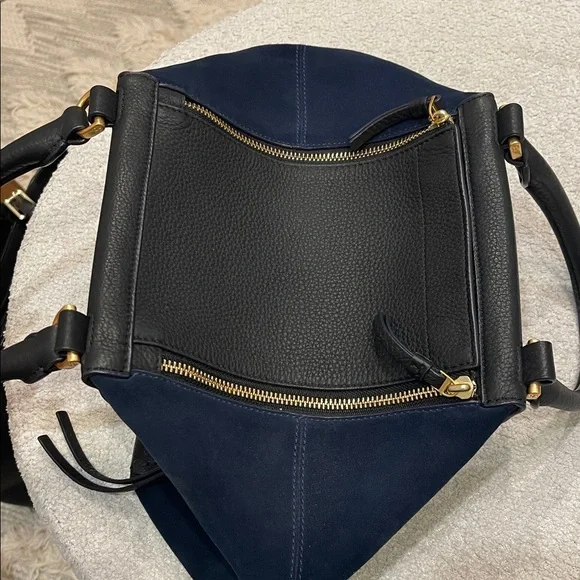 Tory Burch Black Leather & Blue Suede Half Moon Satchel - Picture 6 of 8